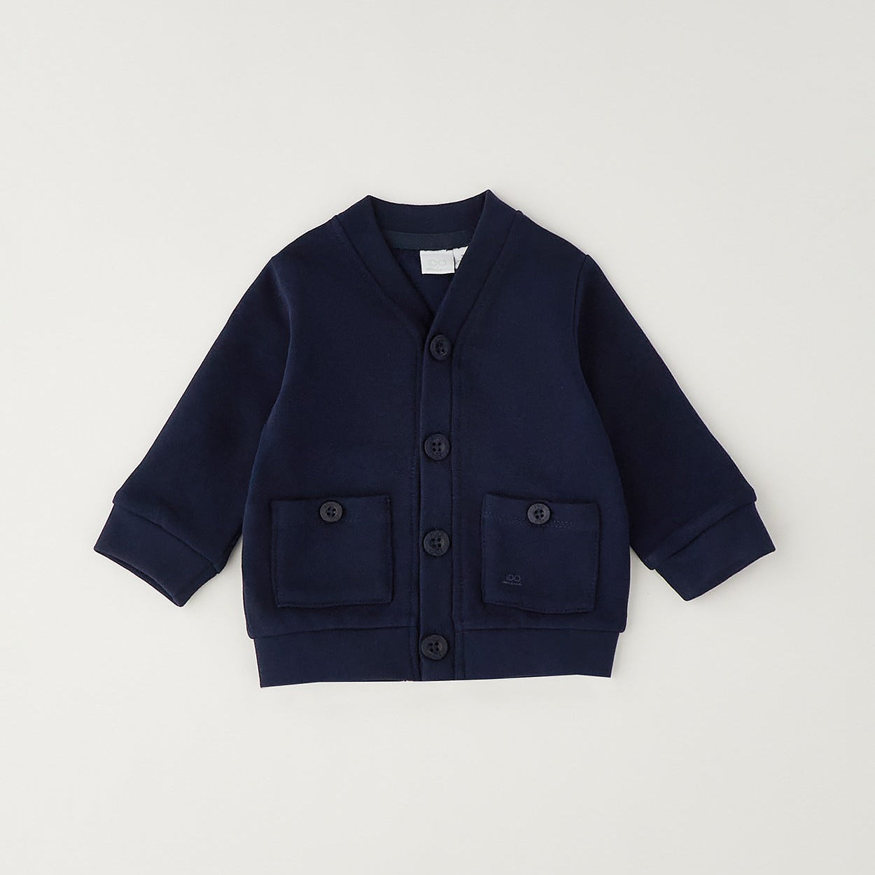 Pantalone bambino blu a microfantasia visto dal retro con tasche applicate