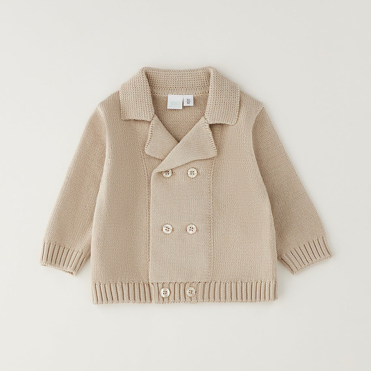 Cardigan neonato beige in 100% cotone modello doppiopetto con colletto