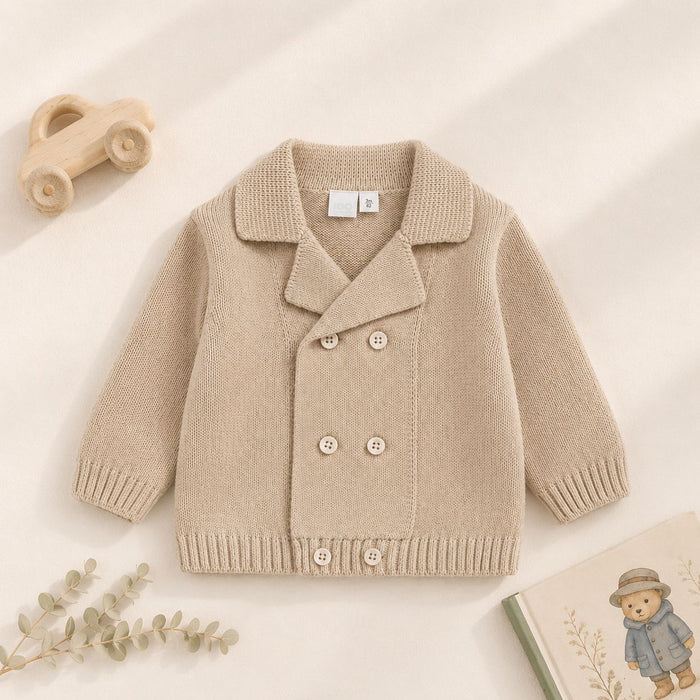 Cardigan neonato beige in maglia con colletto e chiusura doppiopetto con bottoni