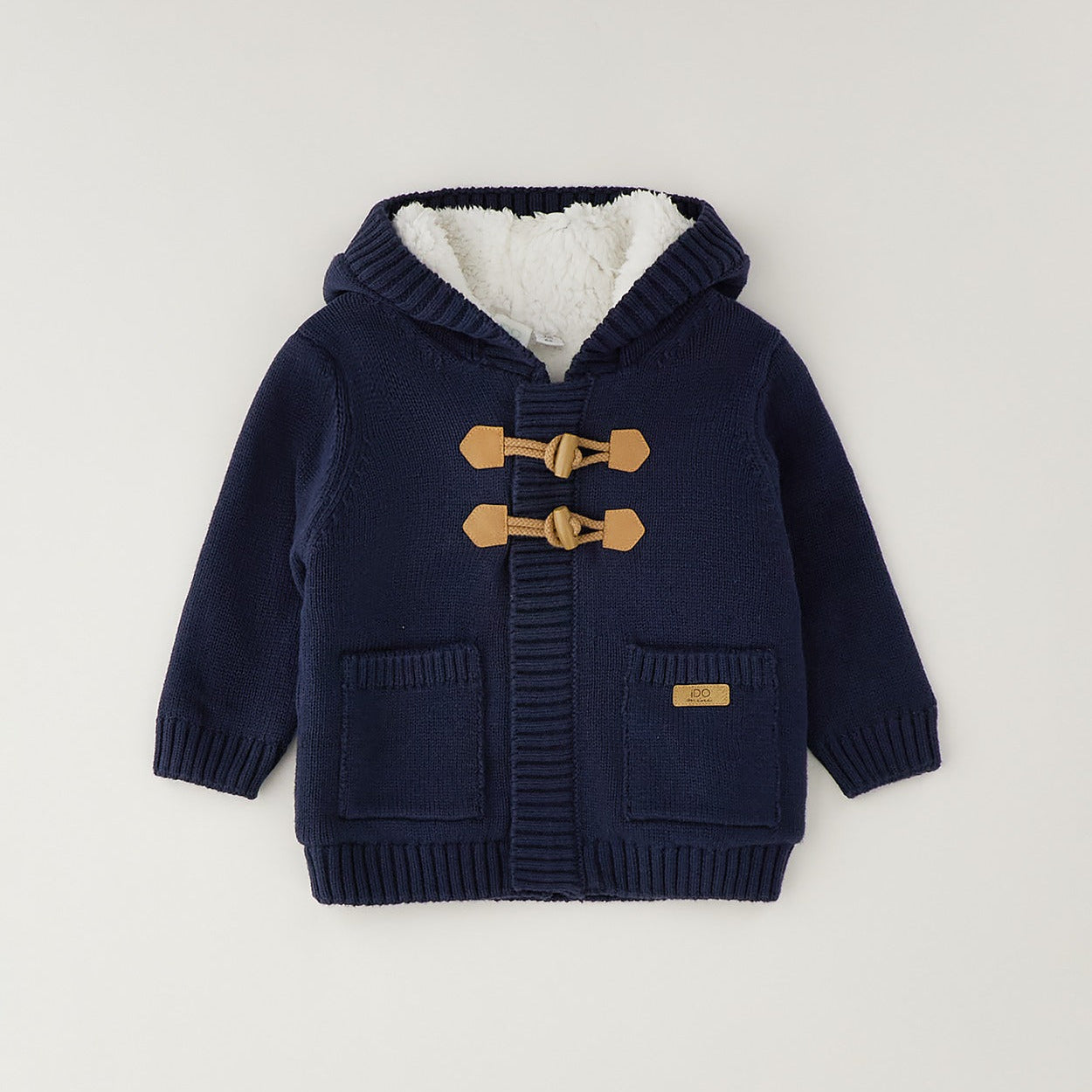 Cardigan neonato blu 100% cotone con cappuccio, interno morbido, alamari e tasche