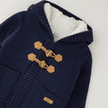 Cardigan neonato blu 100% cotone con cappuccio, interno morbido, alamari e tasche