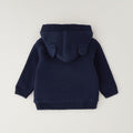 Cardigan neonato blu 100% cotone con cappuccio, interno morbido, alamari e tasche