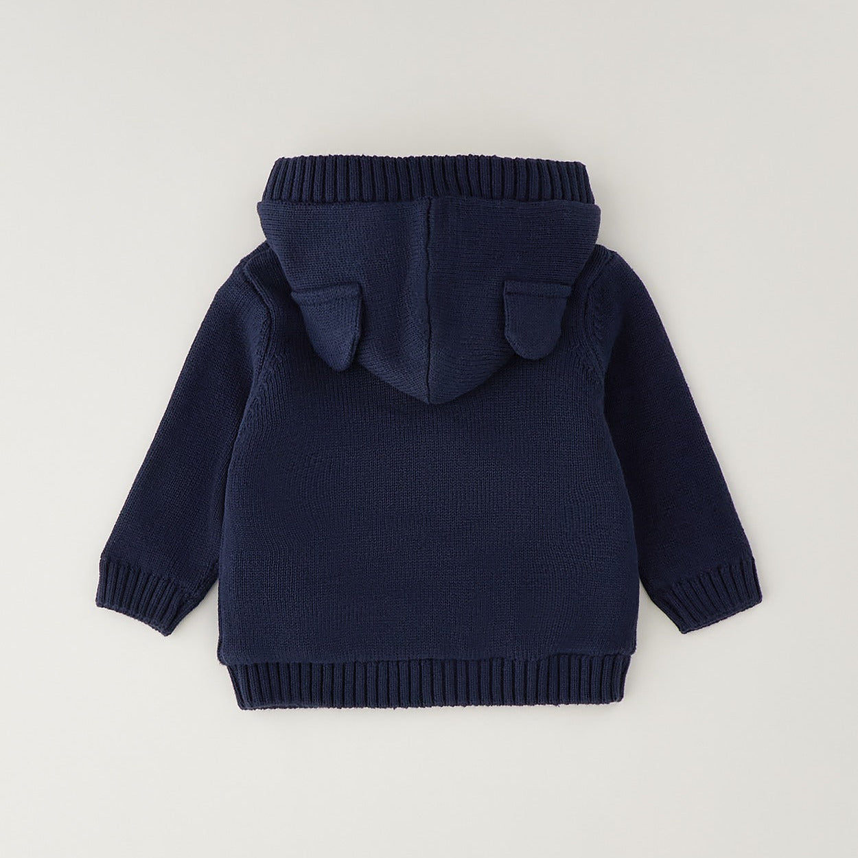 Cardigan neonato blu 100% cotone con cappuccio, interno morbido, alamari e tasche