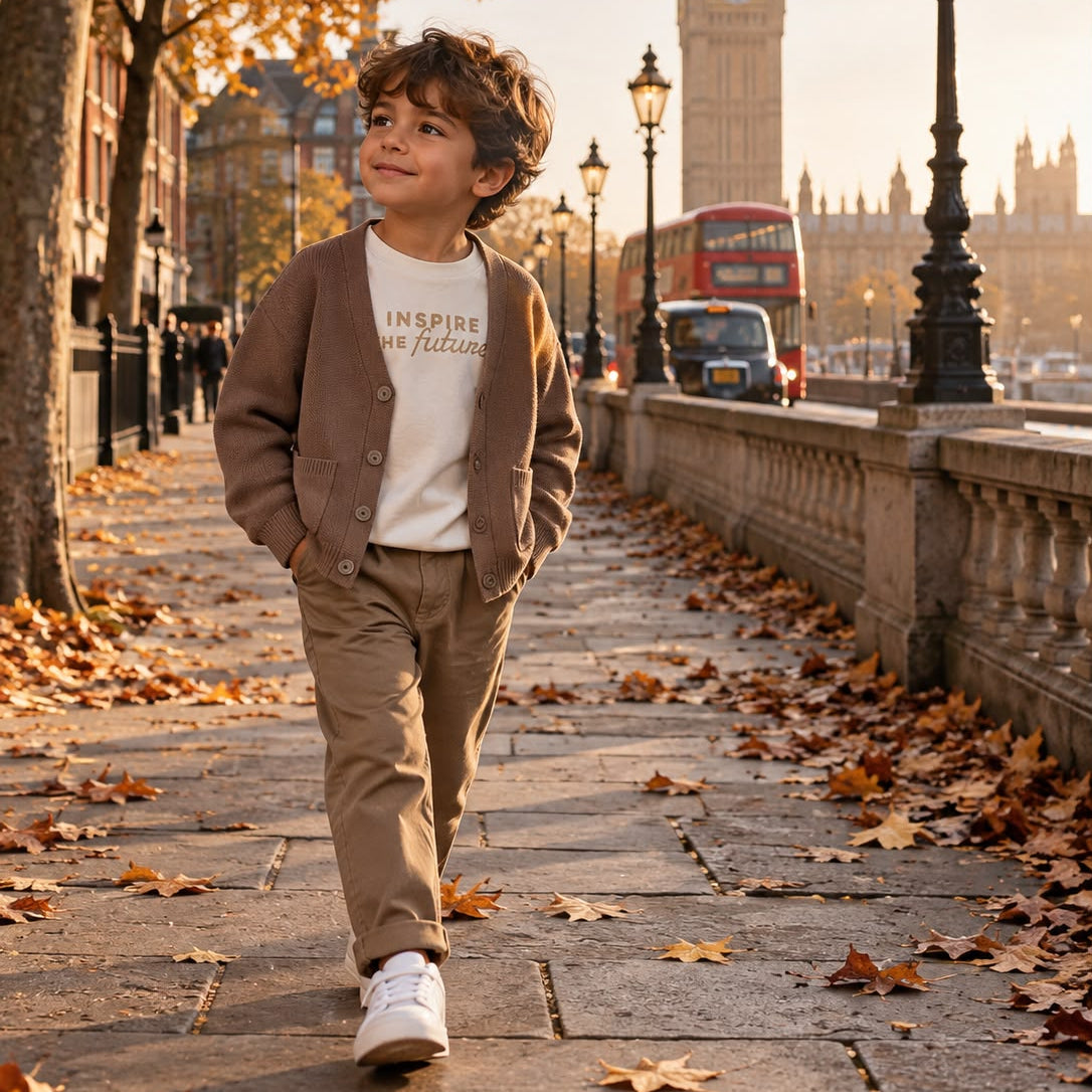 Cardigan bimbo marrone con bottoni e tasche applicate
