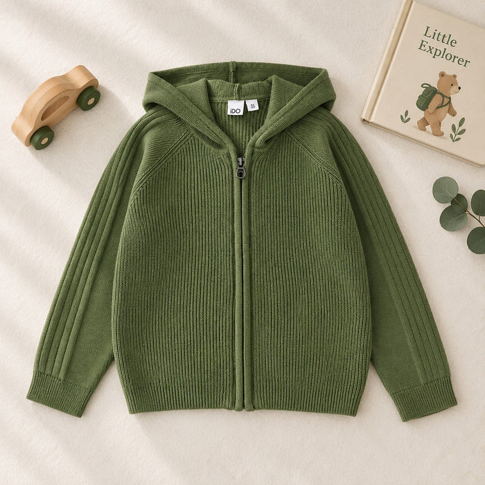Cardigan verde bimbo iDO in maglia con cappuccio e chiusura con zip