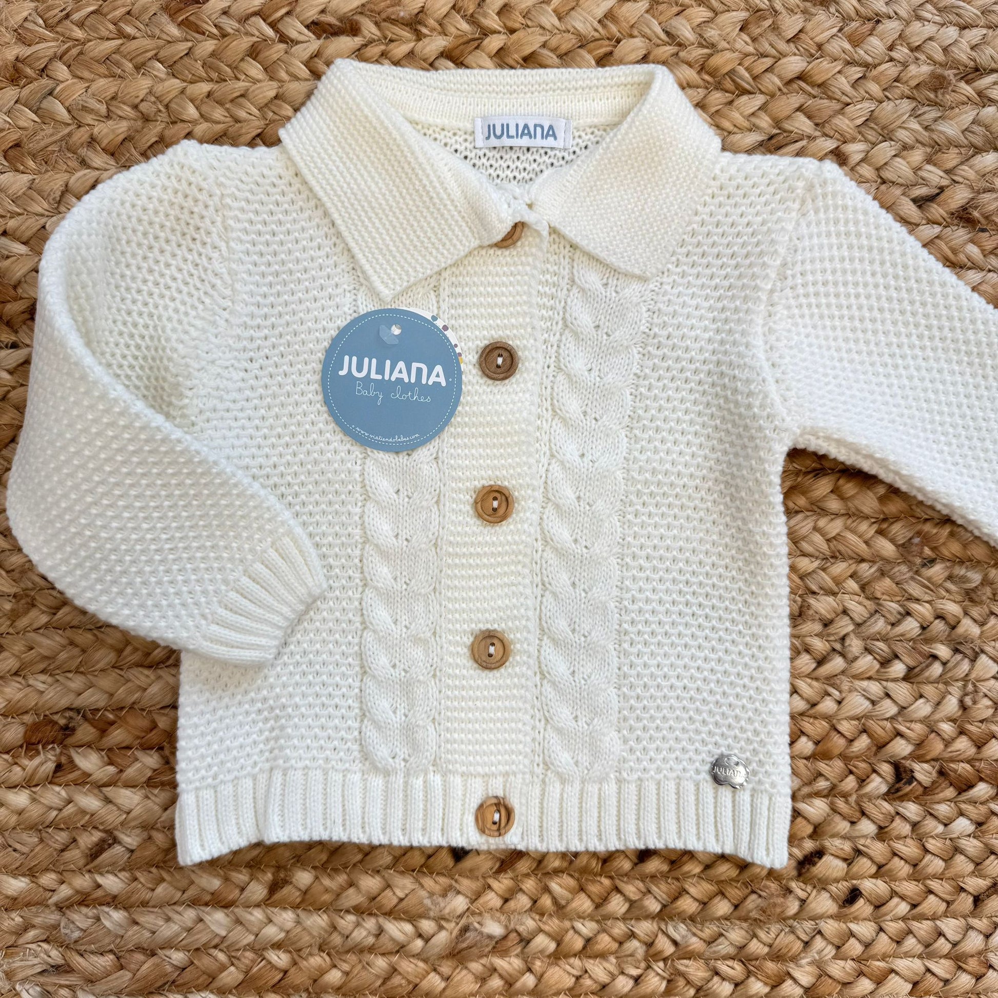 cardigan neonato panna in maglia acrilica con bottoni in legno