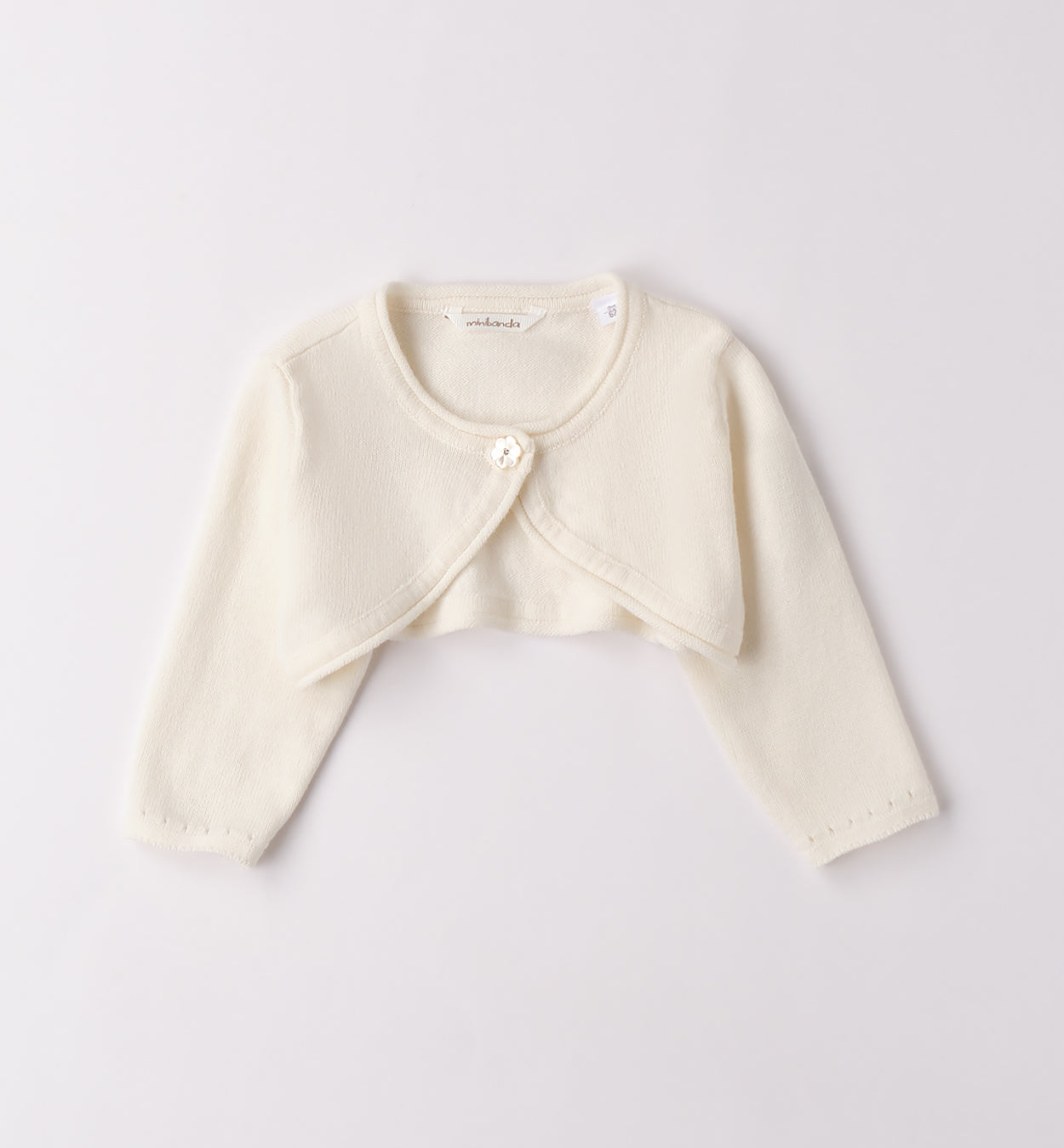 cardigan panna bimba in cotone e lana con bottone fiore vista frontale