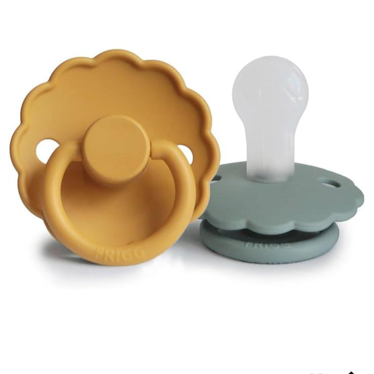 Ciuccio in silicone giallo senape e verde salvia con tettarella in lattice naturale