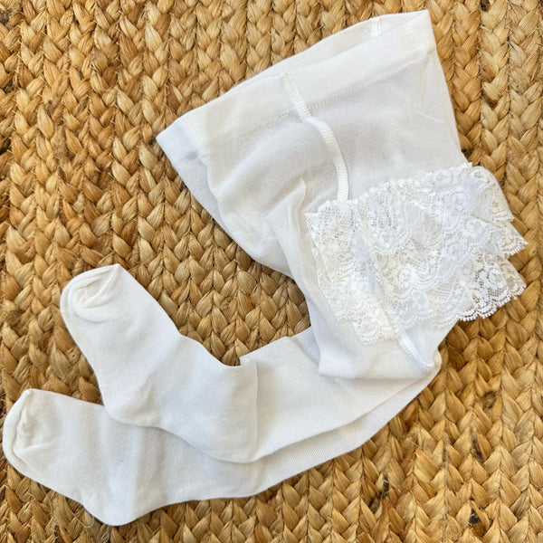 Collant battesimo bianco con pizzo e ruches, perfetti per cerimonia e abiti eleganti