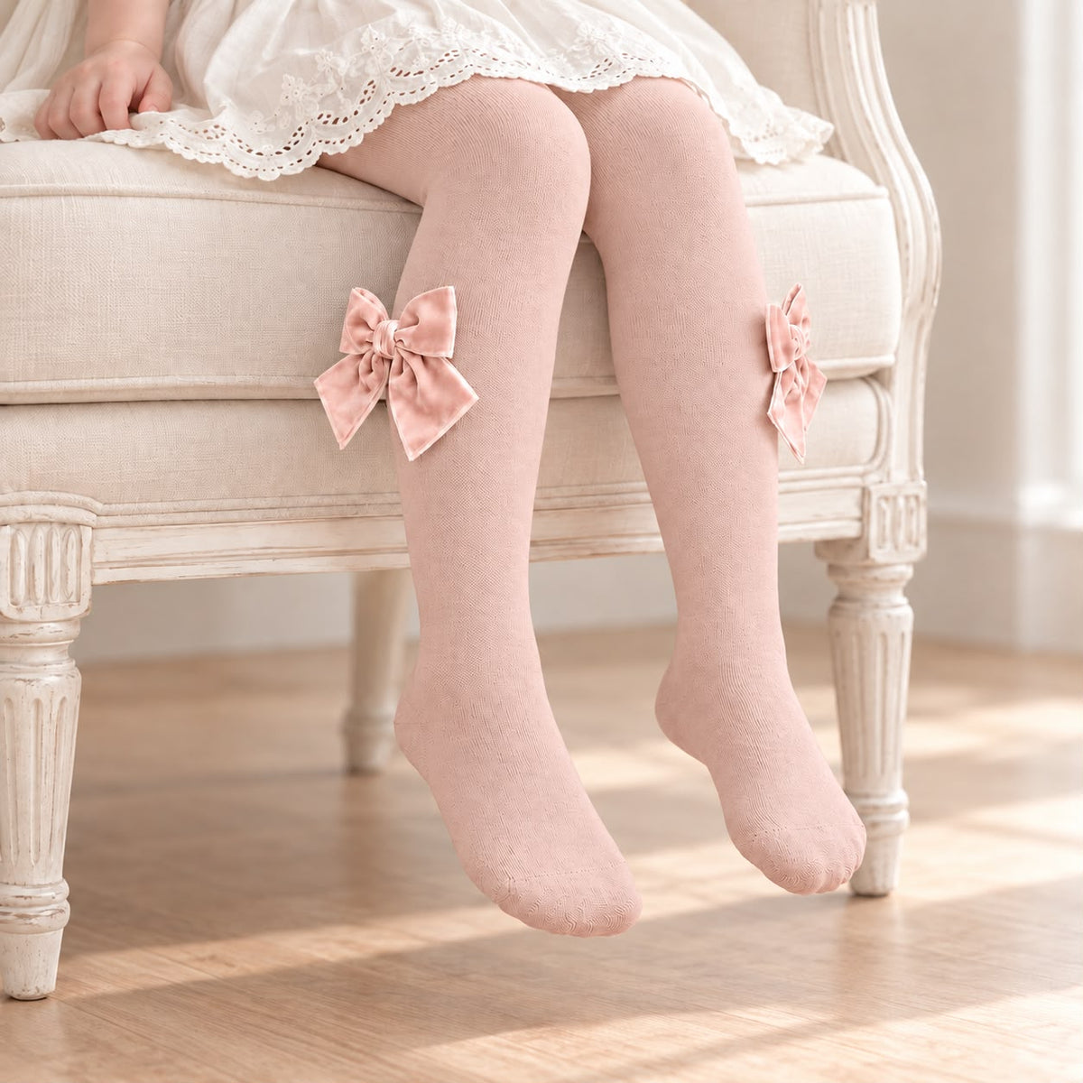 Collant rosa nude da bambina indossati, con grandi fiocchi laterali in velluto rosa cipriato coordinato, applicati sul lato esterno di entrambe le gambe.