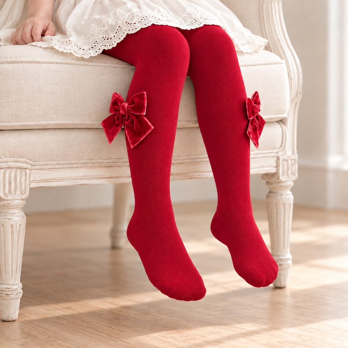 Collant rossi red velvet da bambina indossati, con grandi fiocchi in velluto applicati lateralmente su entrambe le gambe.
