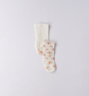 collant bambina panna con fantasia floreale rosa