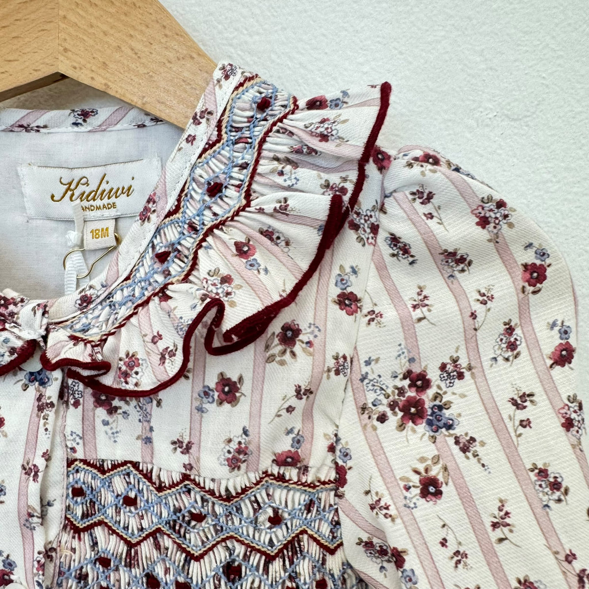 Abito bimba punto smock floreale con fiocchi in velluto bordeaux