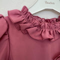 Abito elegante bambina rosa antico in misto cotone con fiori applicati, maniche a palloncino e collo con volant