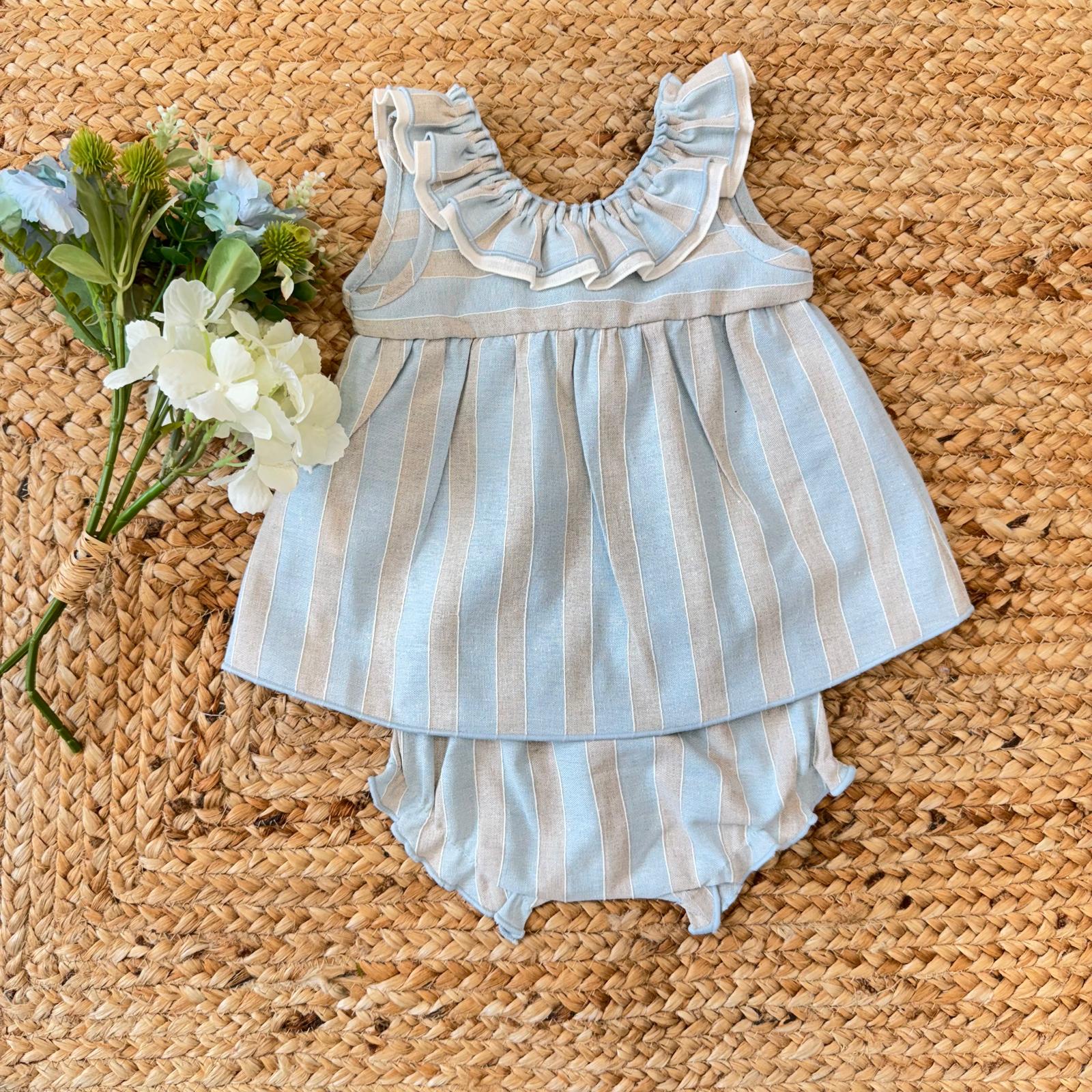  Completino bimba in cotone a righe azzurre con top e mutandina.