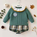 Completino bimba con maglia verde salvia e culotte scozzese Juliana Baby Clothes.