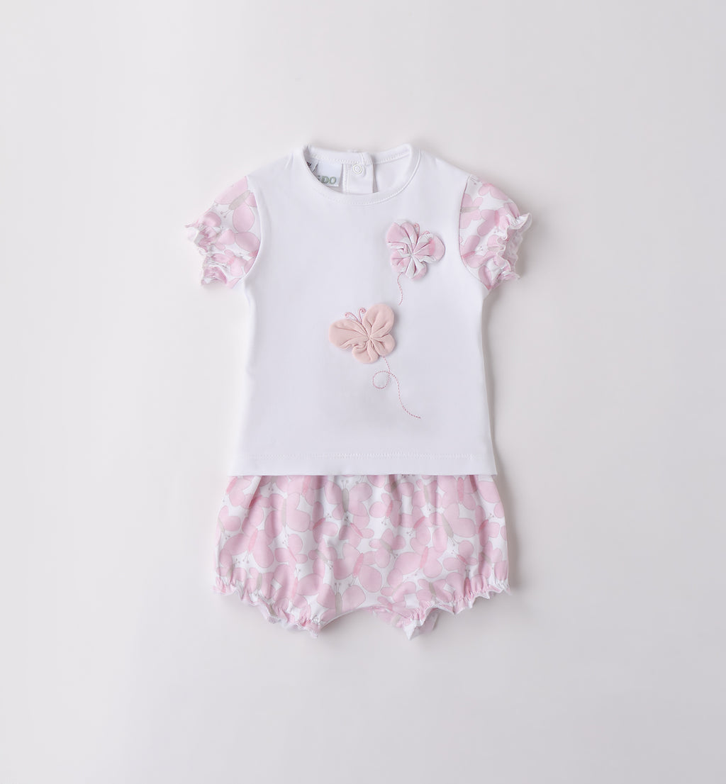 Completino estivo per neonata con maglietta bianca e shorts fantasia farfalle