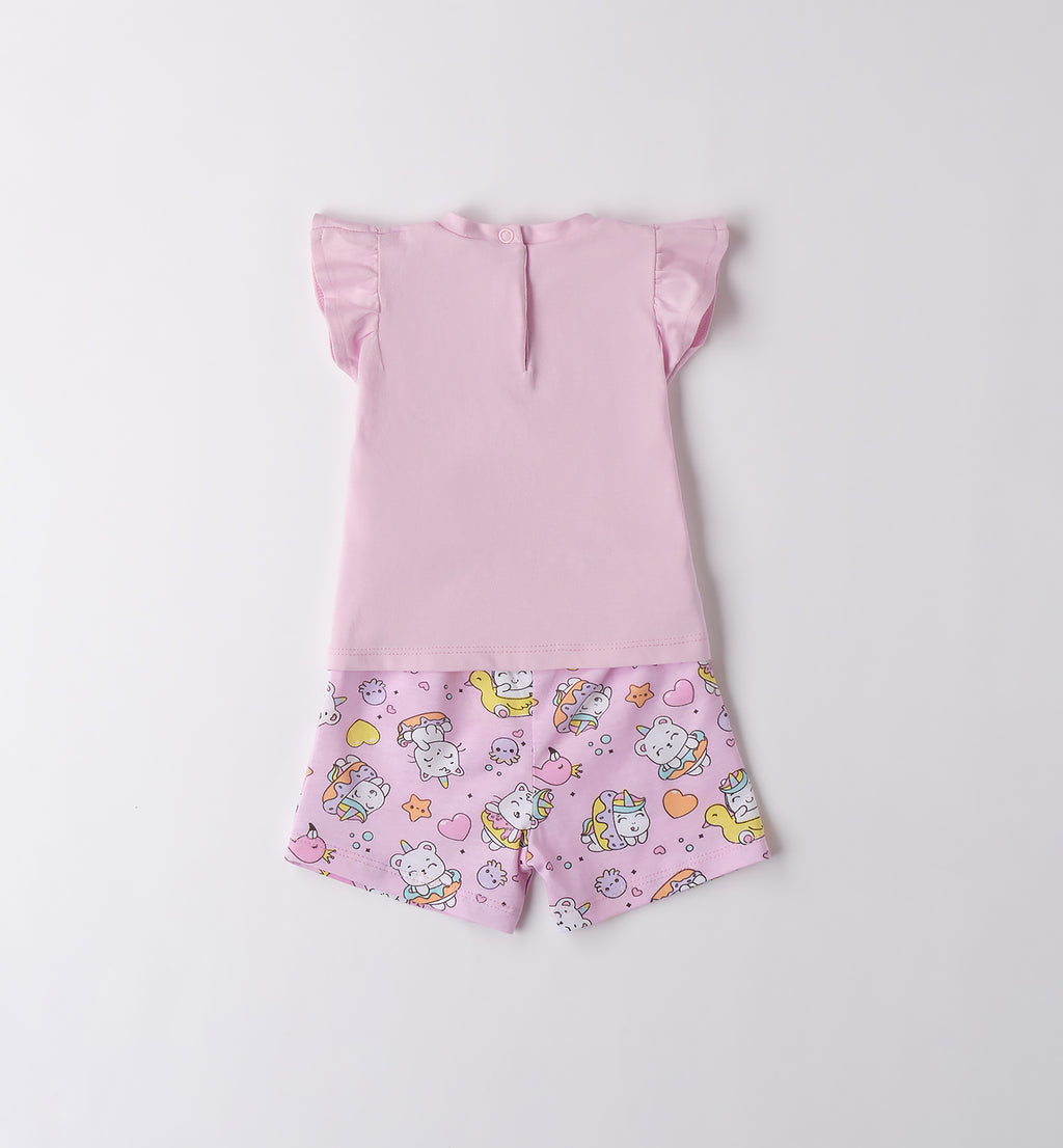 Dettaglio piegato del completino Hello Summer rosa per neonata