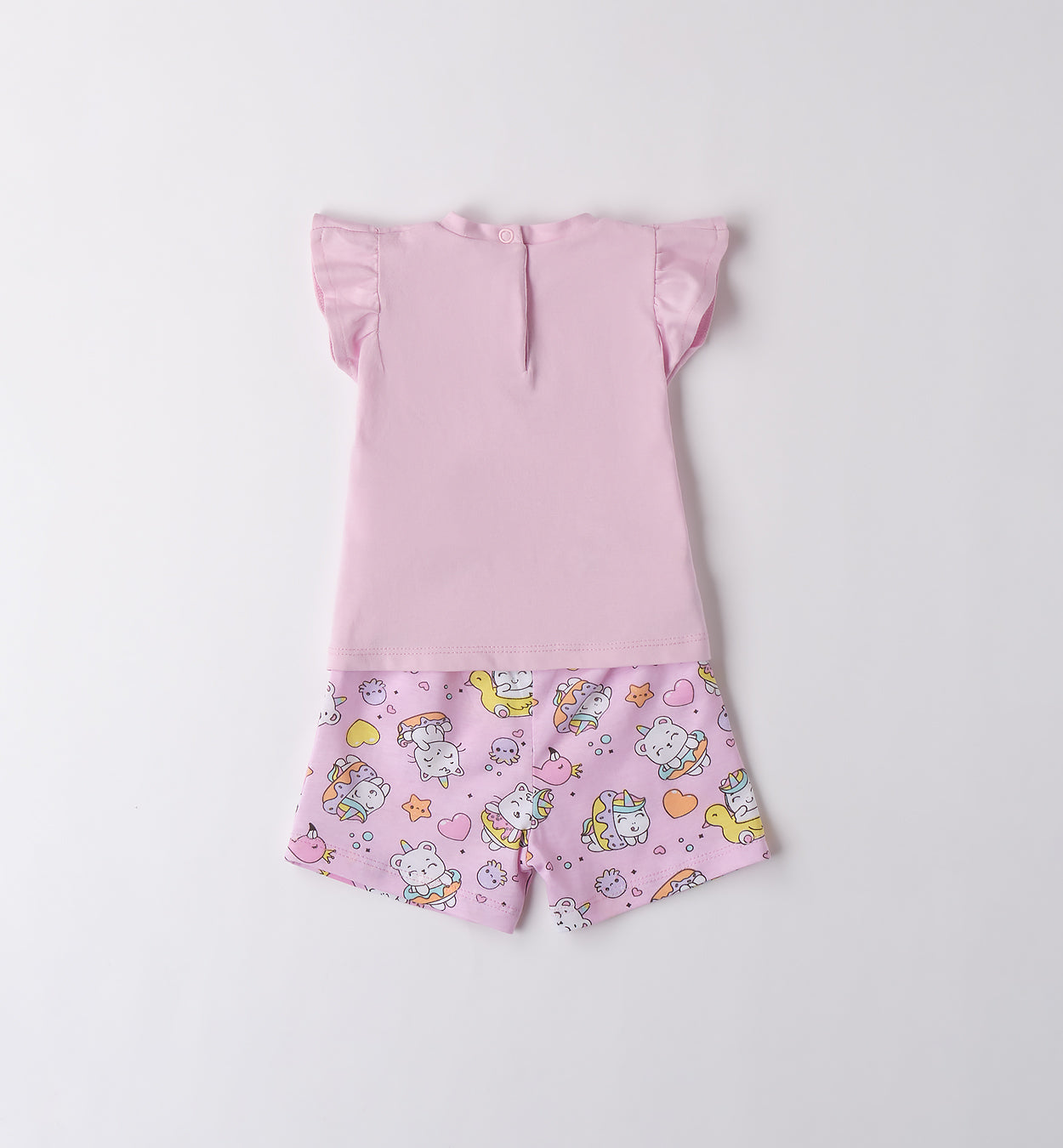 Dettaglio piegato del completino Hello Summer rosa per neonata