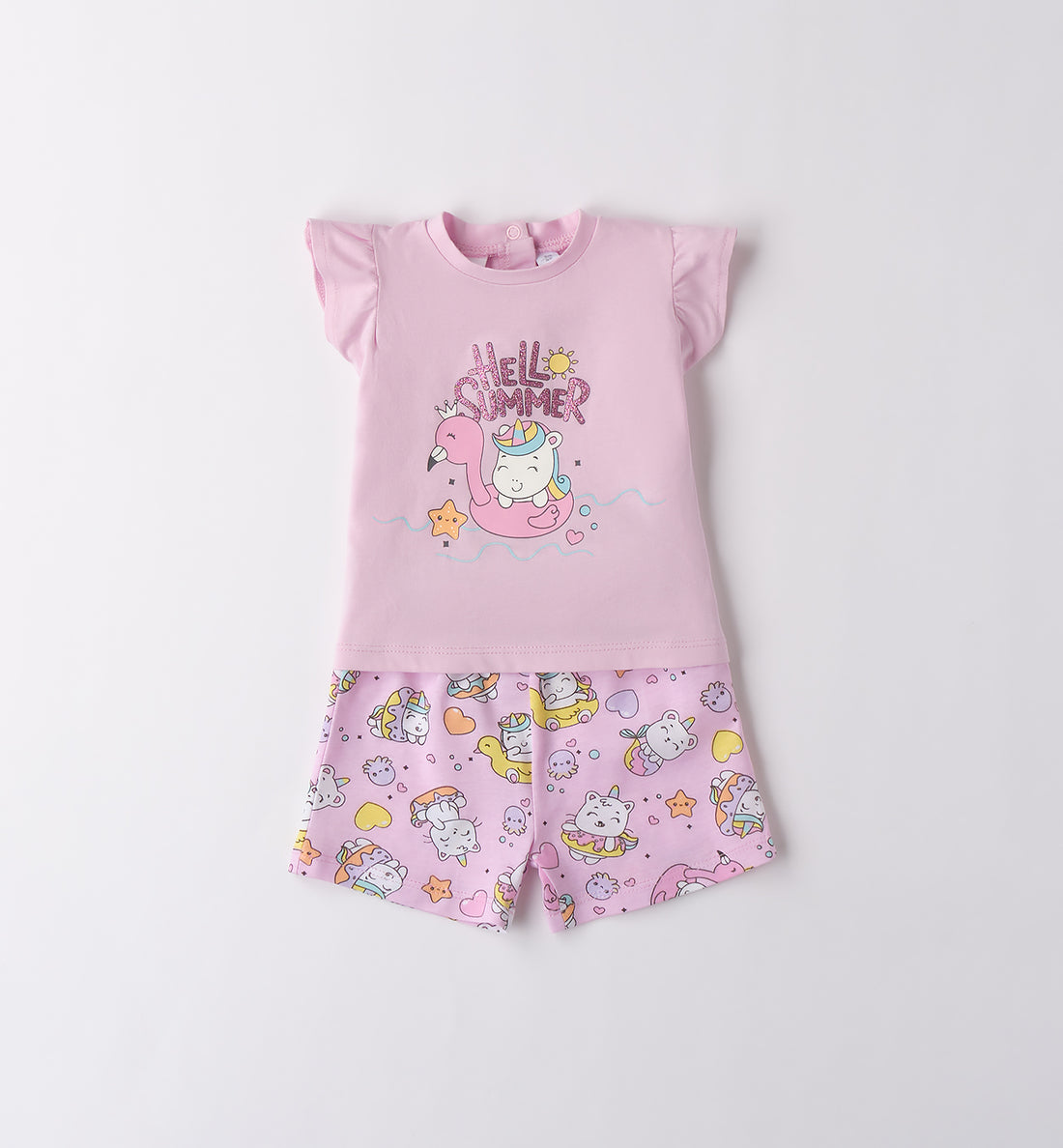 Completino estivo rosa per neonata con stampa Hello Summer 