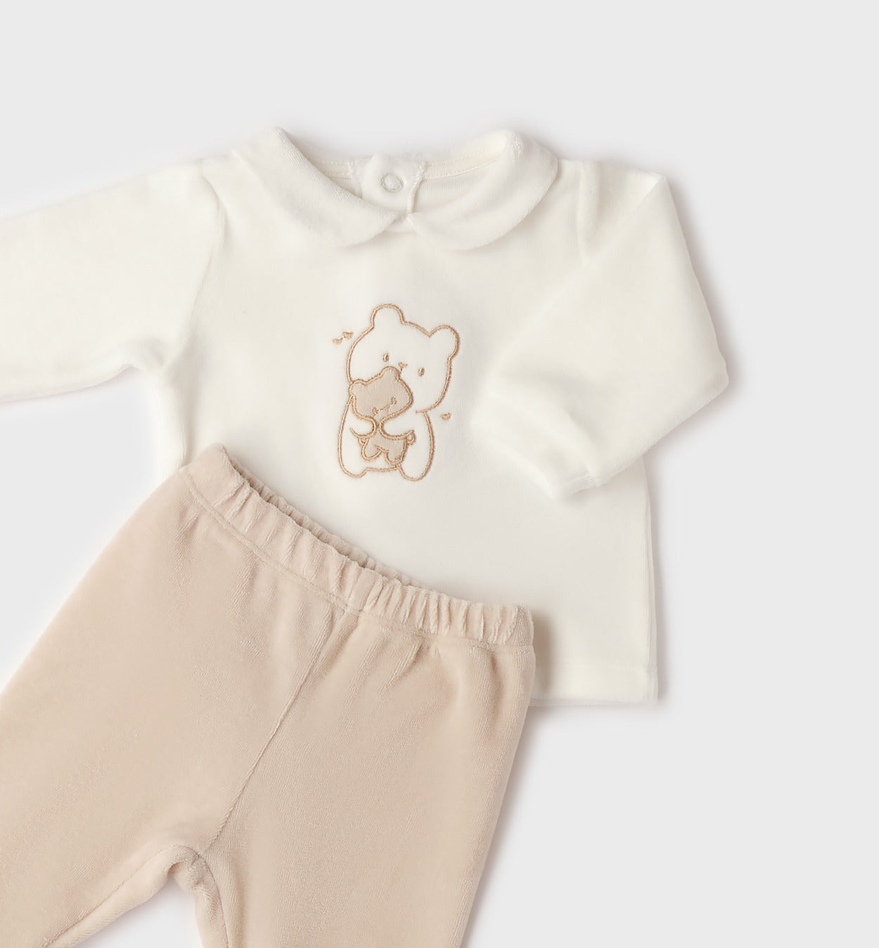 Completo nascita unisex in ciniglia panna e beige con ricamo orsetto ideale per corredino e baby shower