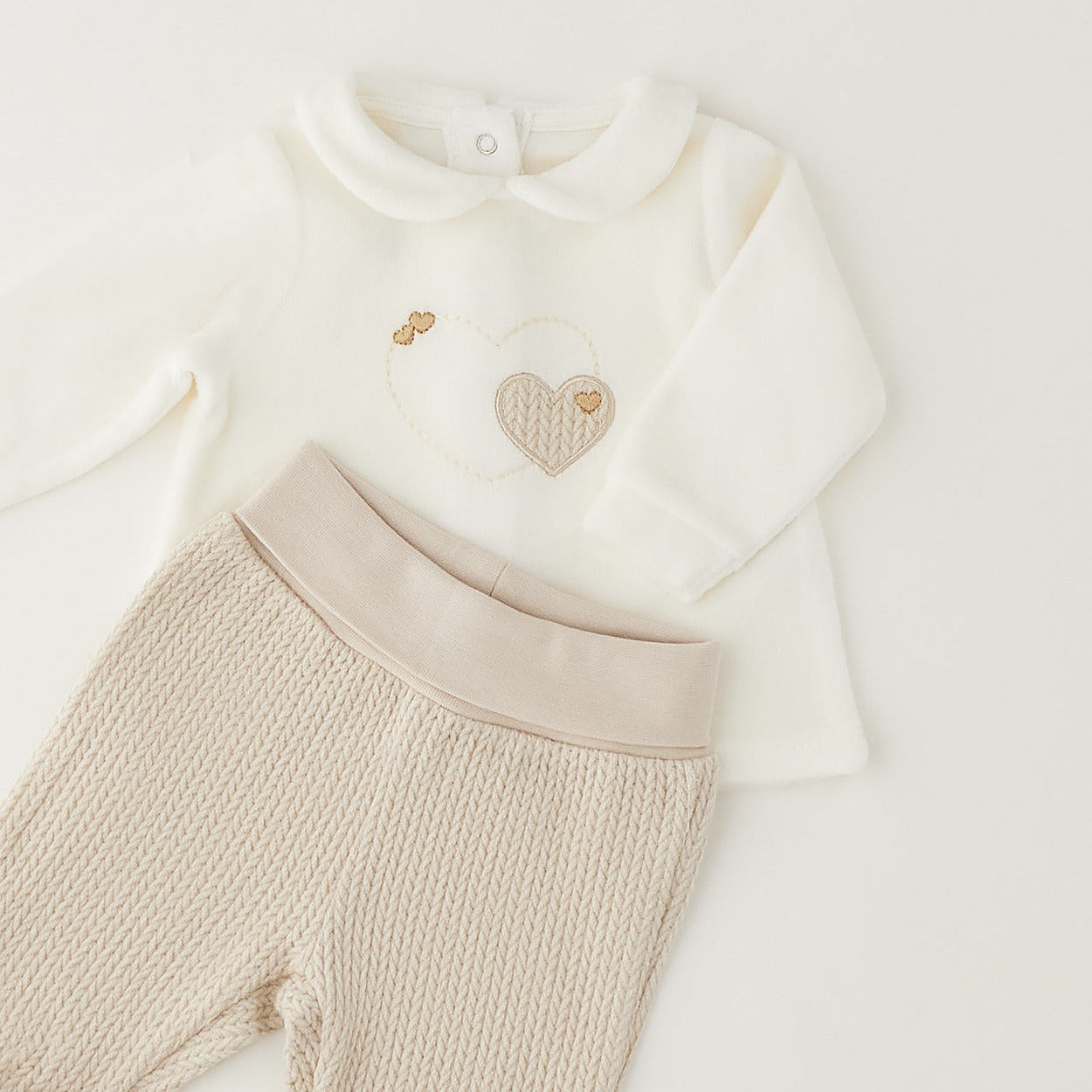 Retro completo nascita neonata in ciniglia panna e beige con pantalone con piedini