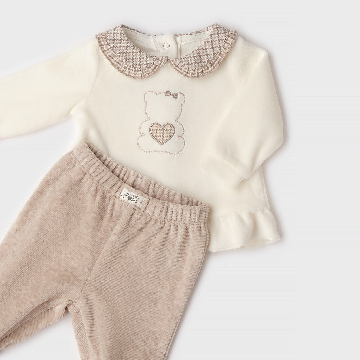 Retro completo nascita neonata in ciniglia panna e beige con pantalone con piedini