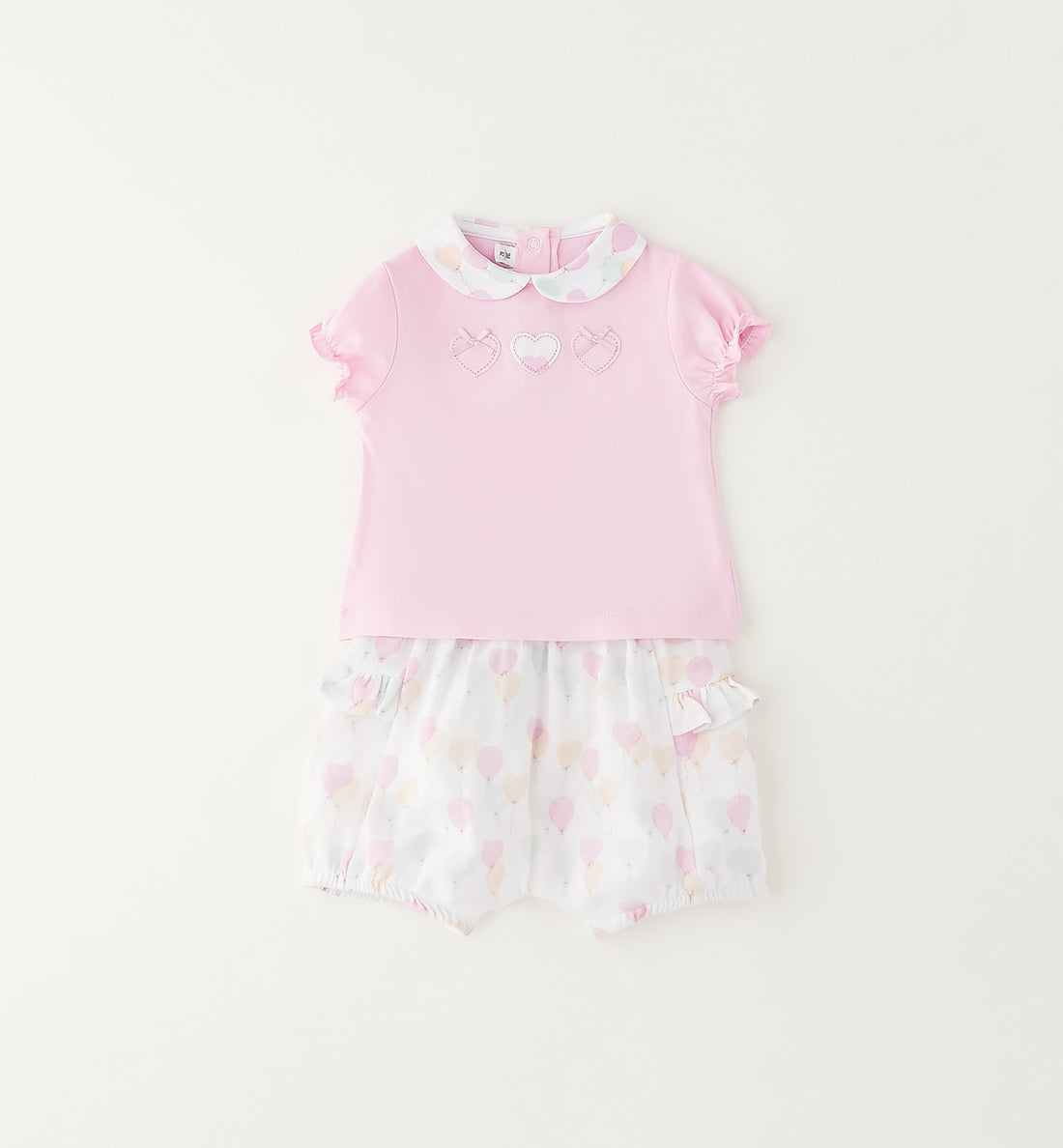 completino estivo neonata cotone rosa con cuori ricamati e shorts fantasia palloncini