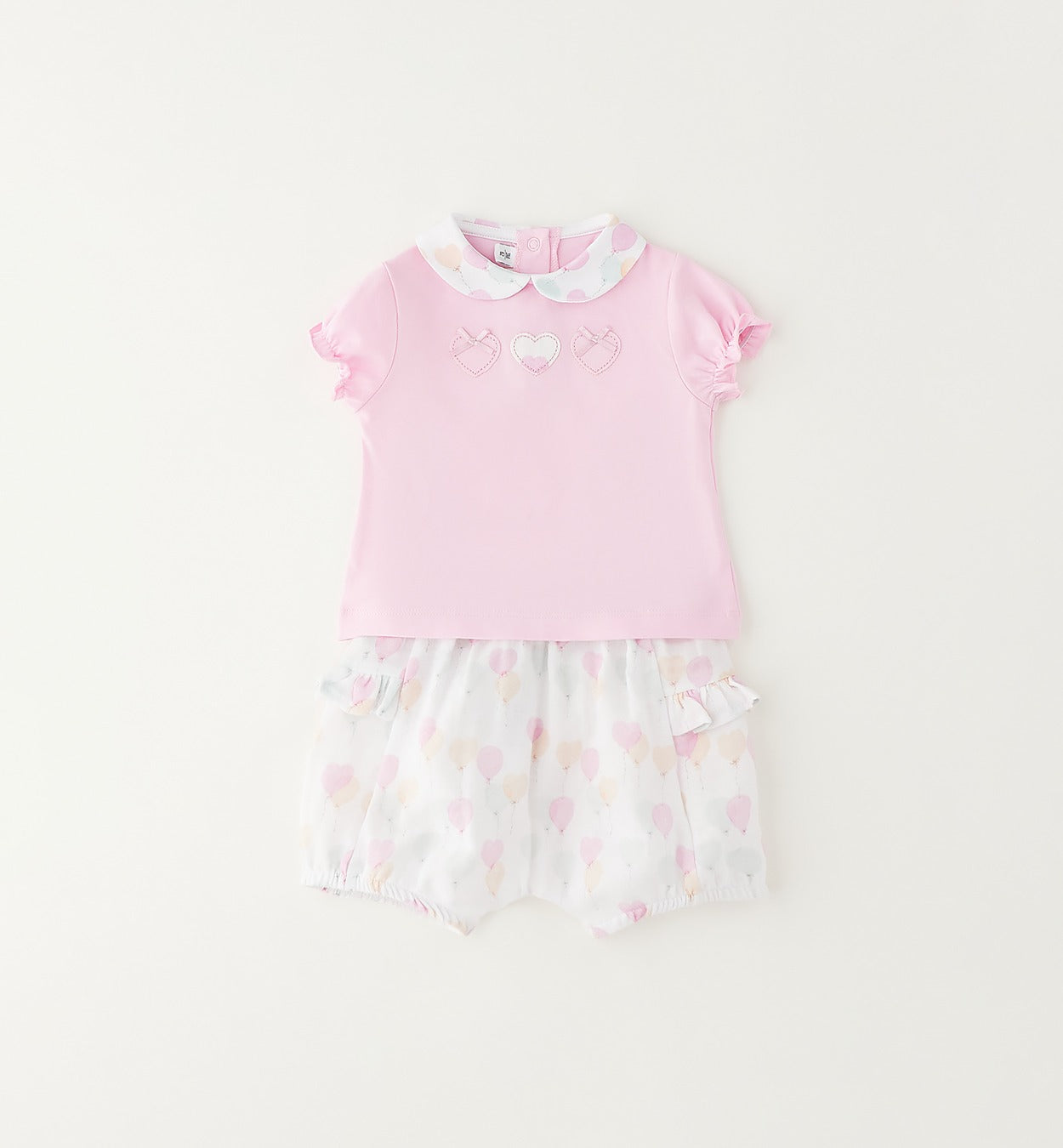 completino estivo neonata cotone rosa con cuori ricamati e shorts fantasia palloncini