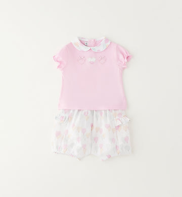completino estivo neonata cotone rosa con cuori ricamati e shorts fantasia palloncini