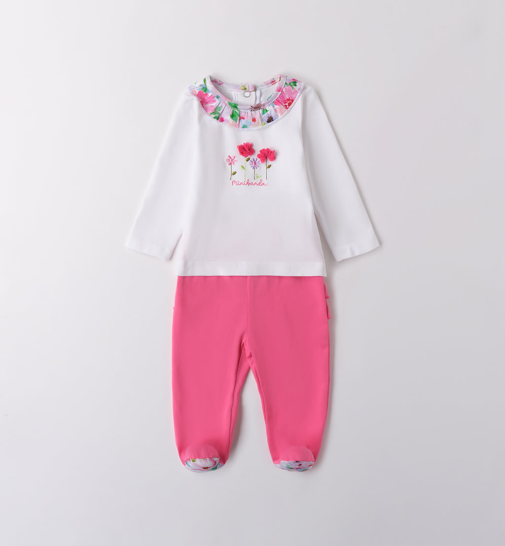 Completino neonata in jersey di cotone con ricami floreali e pantalone con piedini