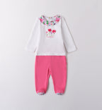 Completino neonata in jersey di cotone con ricami floreali e pantalone con piedini
