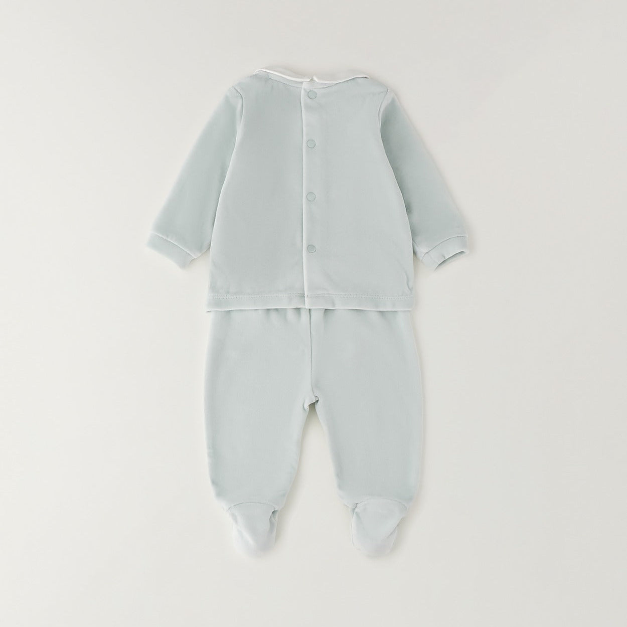 Completo neonato in ciniglia verde menta con orsetti, colletto bianco e pantalone con piedini