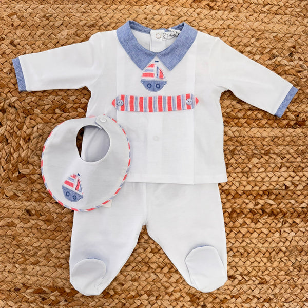 Completino neonato estivo in cotone con bavaglino coordinato e barchetta