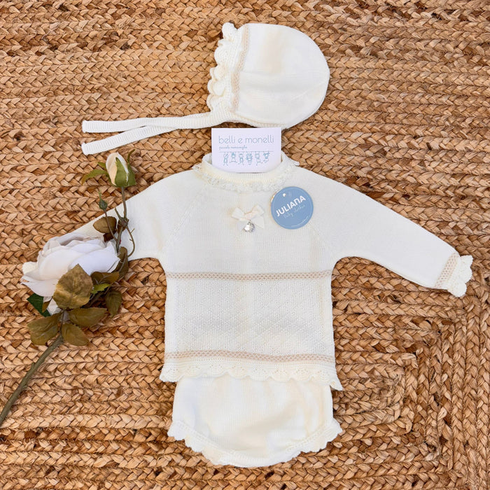 Completino in lana panna per neonata con cappellino