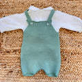 Retro del completino salopette per neonata, in maglia verde con camicina bianca – corredino caldo e raffinato

