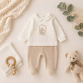 Completo nascita unisex in ciniglia panna e beige con ricamo orsetto ideale per corredino e baby shower