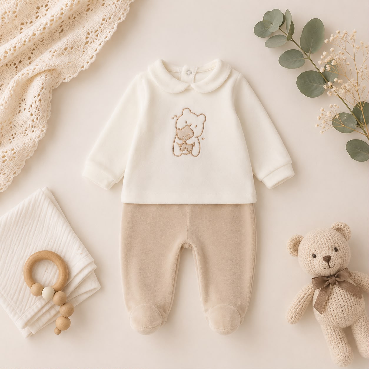 Completo nascita unisex in ciniglia panna e beige con ricamo orsetto ideale per corredino e baby shower