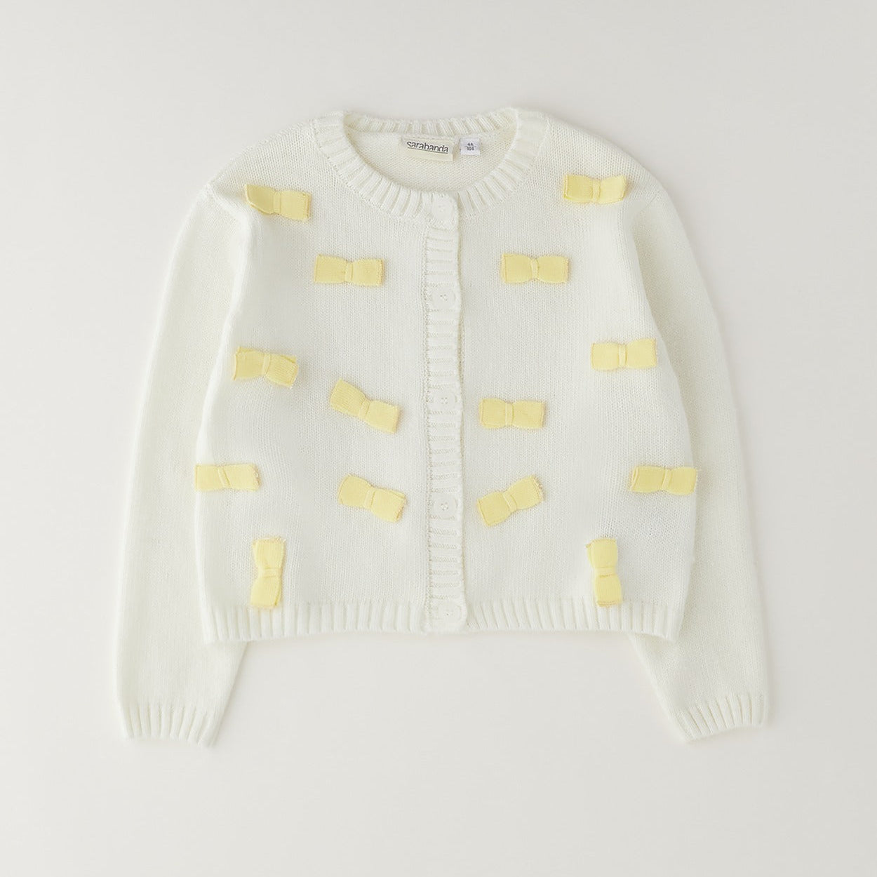 Completo 3 pezzi bimba con cardigan bianco fiocchi gialli, maglia e gonna tartan grigia e gialla