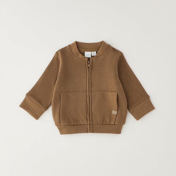 Completo 3 pezzi bimbo con giacca felpata color cammello, maglia e jeans