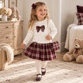Completo bimba 3 pezzi con maglia bianca, gonna tartan bordeaux e borsetta coordinata