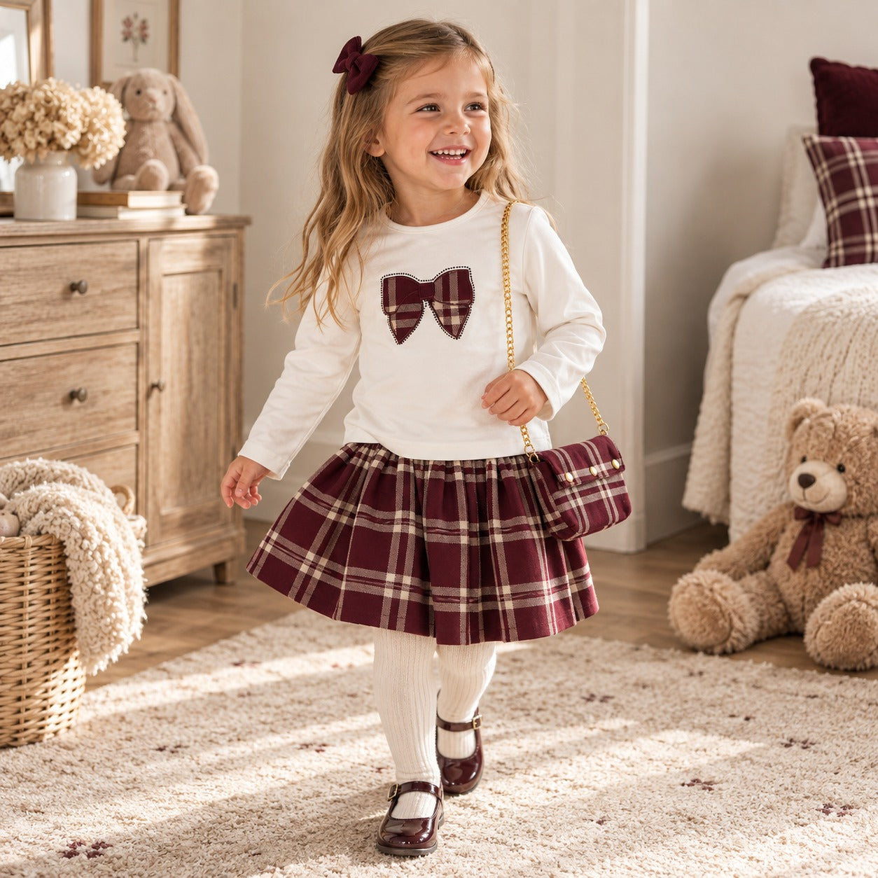 Completo bimba 3 pezzi con maglia bianca, gonna tartan bordeaux e borsetta coordinata