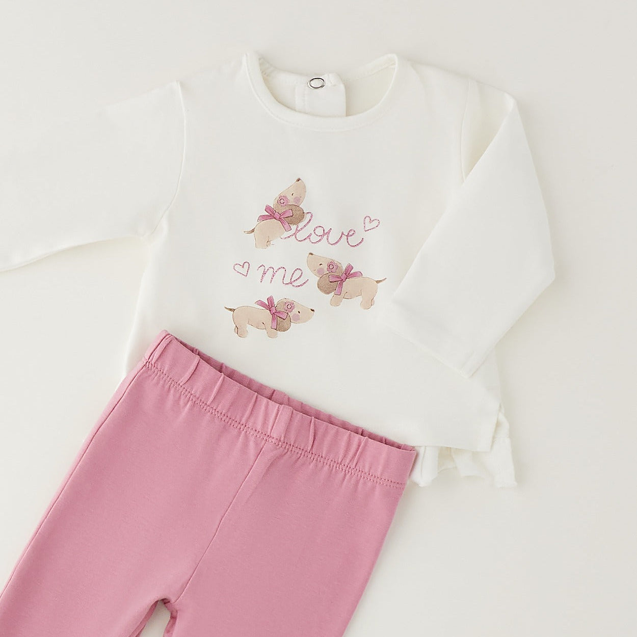 Completo bimba due pezzi in caldo cotone con maglia panna con cagnolini e pantalone rosa