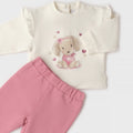 Completo bimba in caldo cotone con felpa panna con cagnolina, volant e pantalone rosa