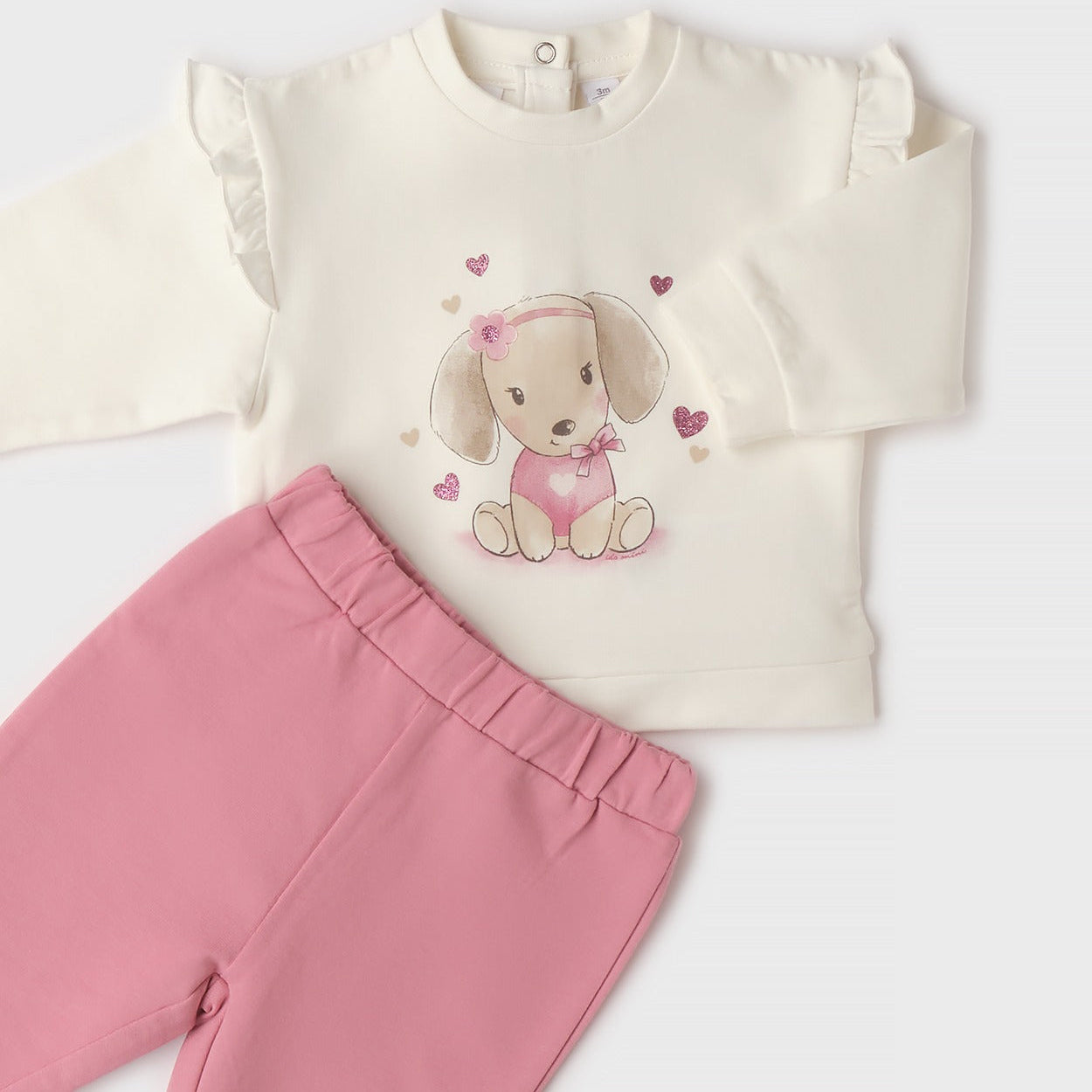 Completo bimba in caldo cotone con felpa panna con cagnolina, volant e pantalone rosa