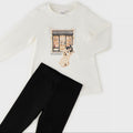 Completo bimba caldo cotone con maglia panna stampata e leggings neri
