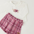 Completo bimba 3 pezzi rosa con cardigan in caldo cotone, maglia e pantaloncino tartan