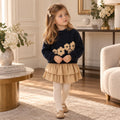 Completo bimba maglia blu navy con fiori beige e gonna a balze autunno inverno