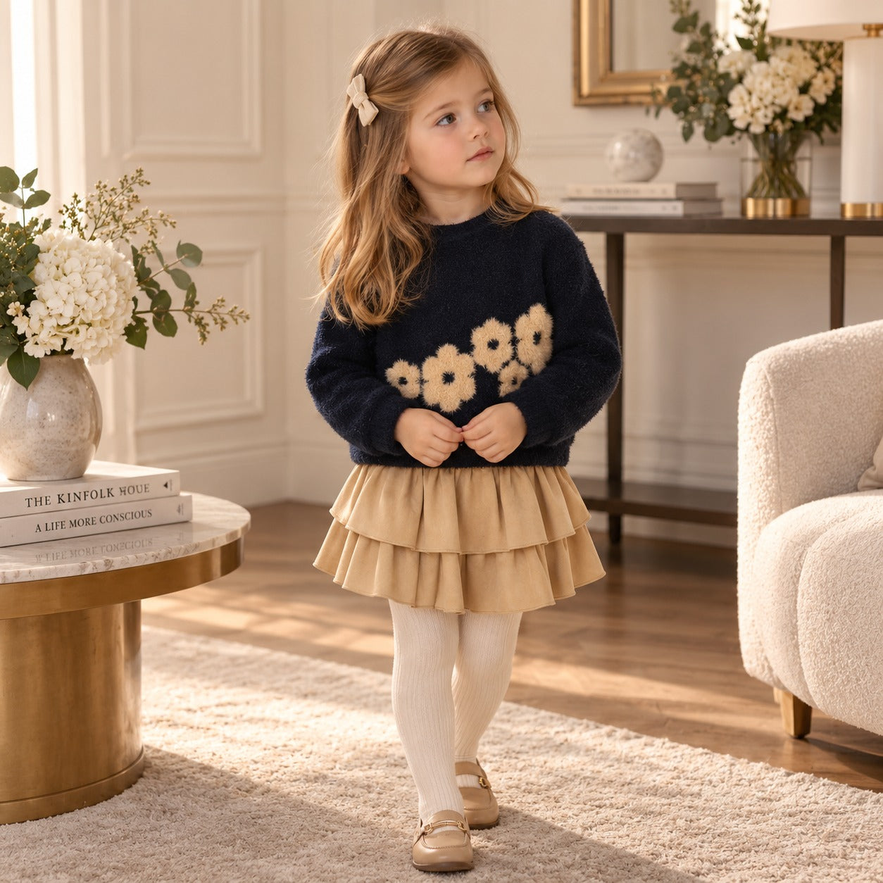 Completo bimba maglia blu navy con fiori beige e gonna a balze autunno inverno