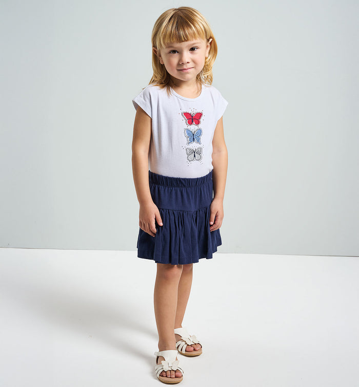 Completo bambina con maglietta farfalle e gonna blu